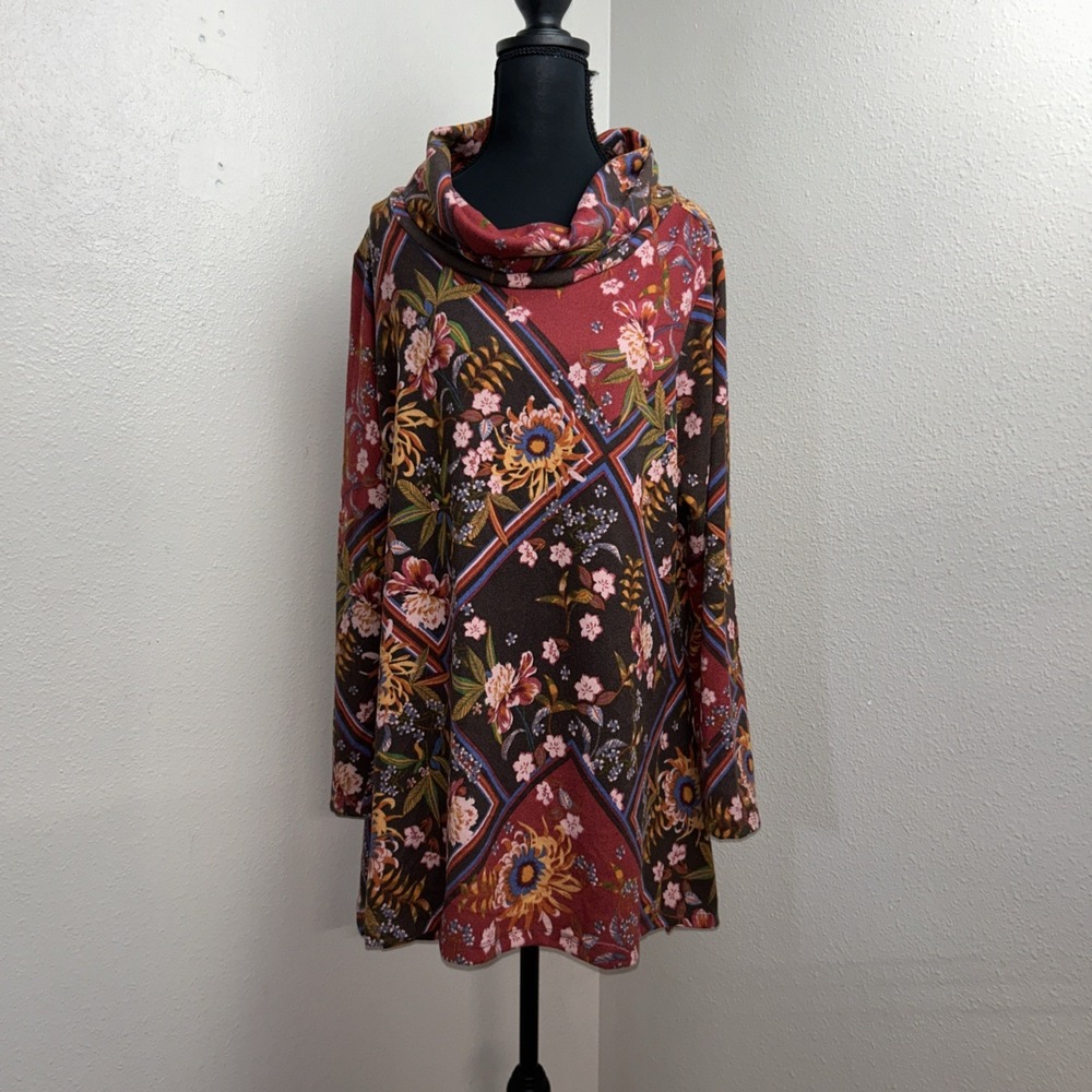 New Premise Tunic Women's 1X Multicolor Floral Mock Neck 3/4 Sleeve Soft
